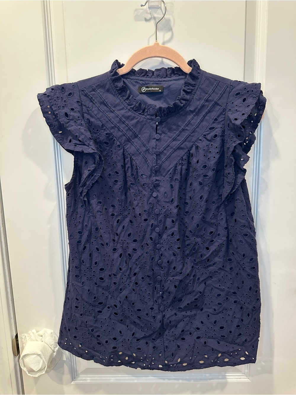 Boho Ruffled Eyelet Mock-Neck Blouse in Navy